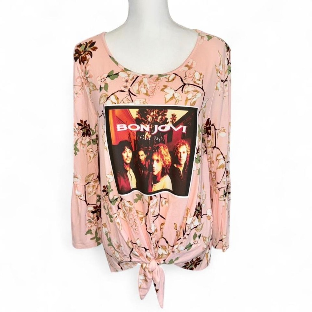 BEAUTIFUL UPCYCLED BON JOVI‎ ROCK BAND FLORAL SHIRT LADIES XL